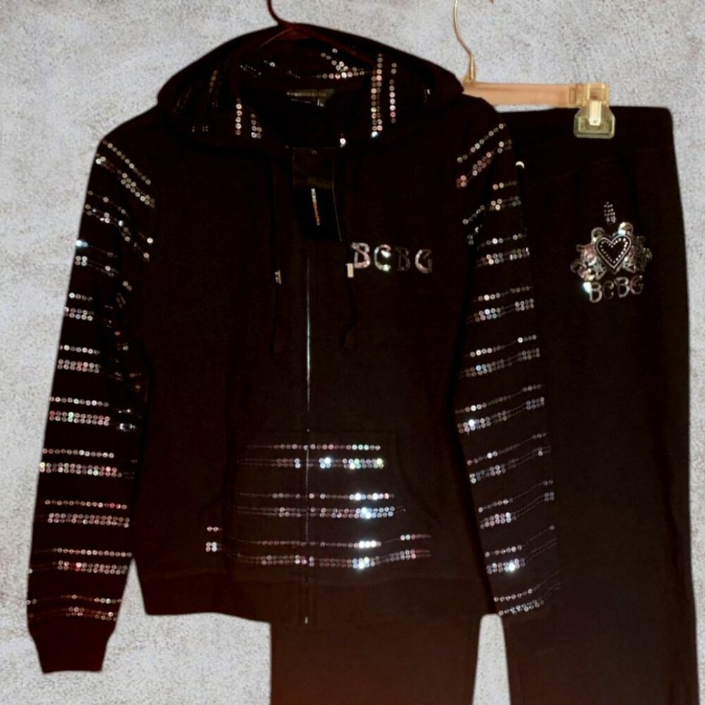 New BCBG Maxazria Sequin Cotton Zip Hoodie Sweatshirt & Pants Sport Set